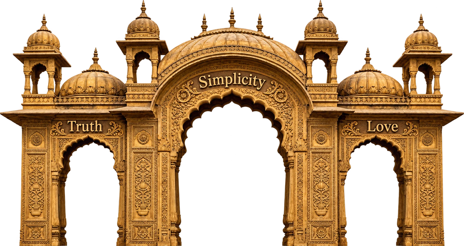 A carved temple gateway of three arches, inscribed Truth, Simplicity, Love